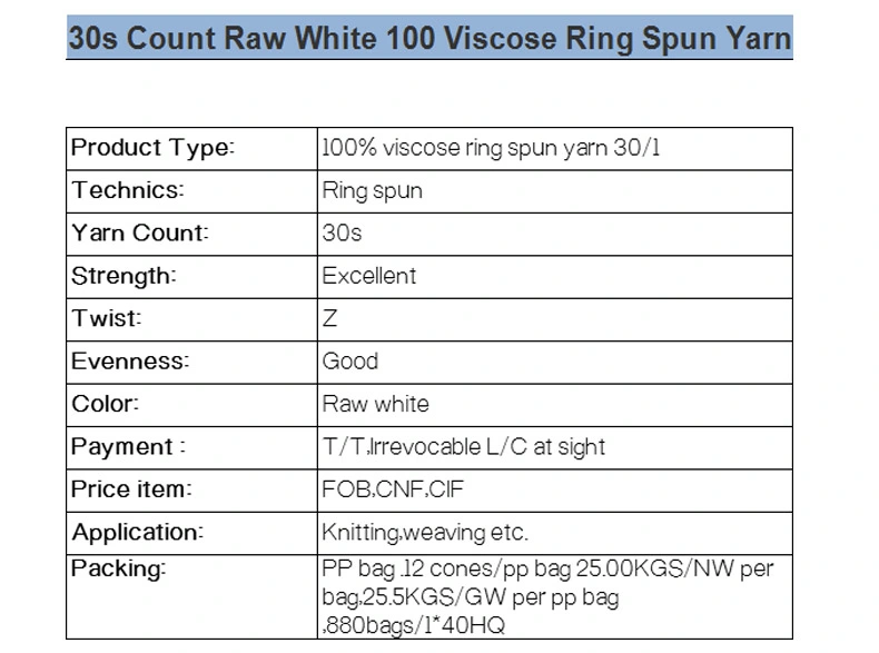 Raw White 100% Viscose Yarn with 50s